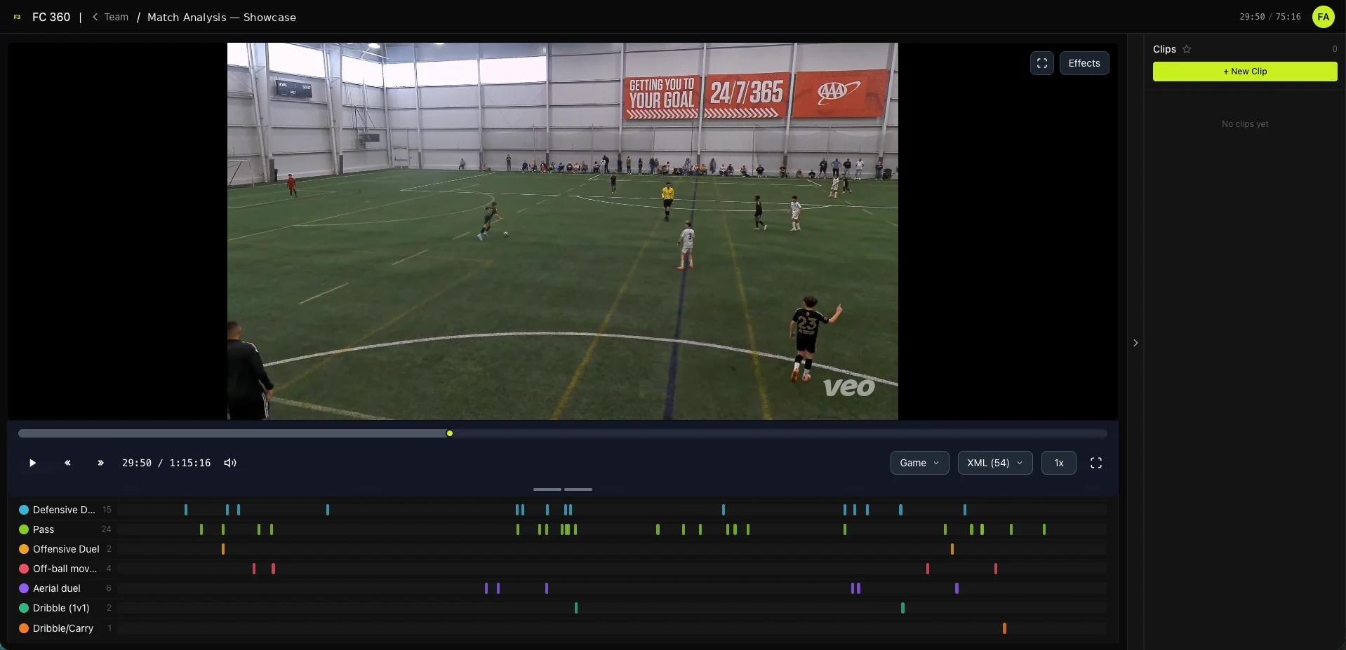 The 360Cloud editor: match video above a swimlane timeline with one row per action type
