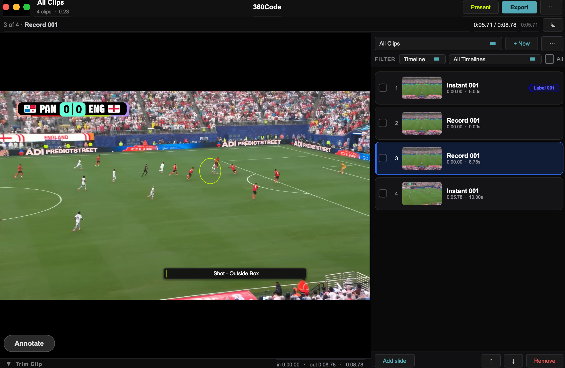 360Code playlist with an annotated clip and the clip list
