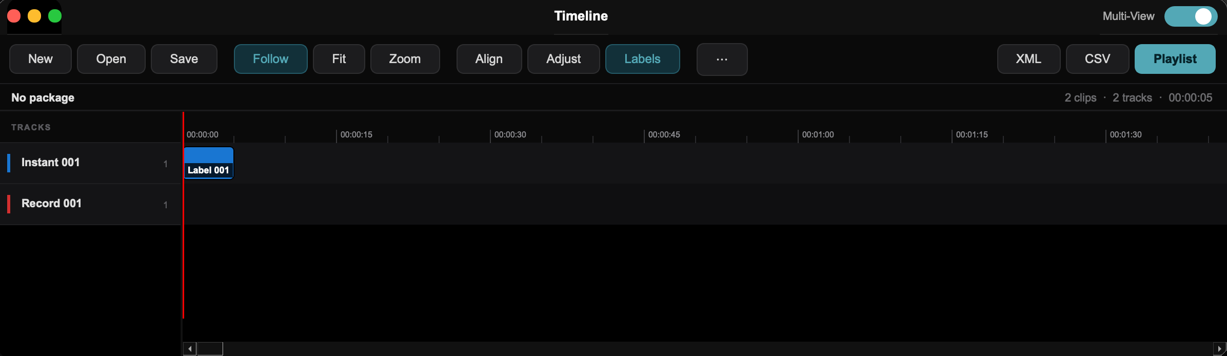 360Code timeline with tagged clips across action rows