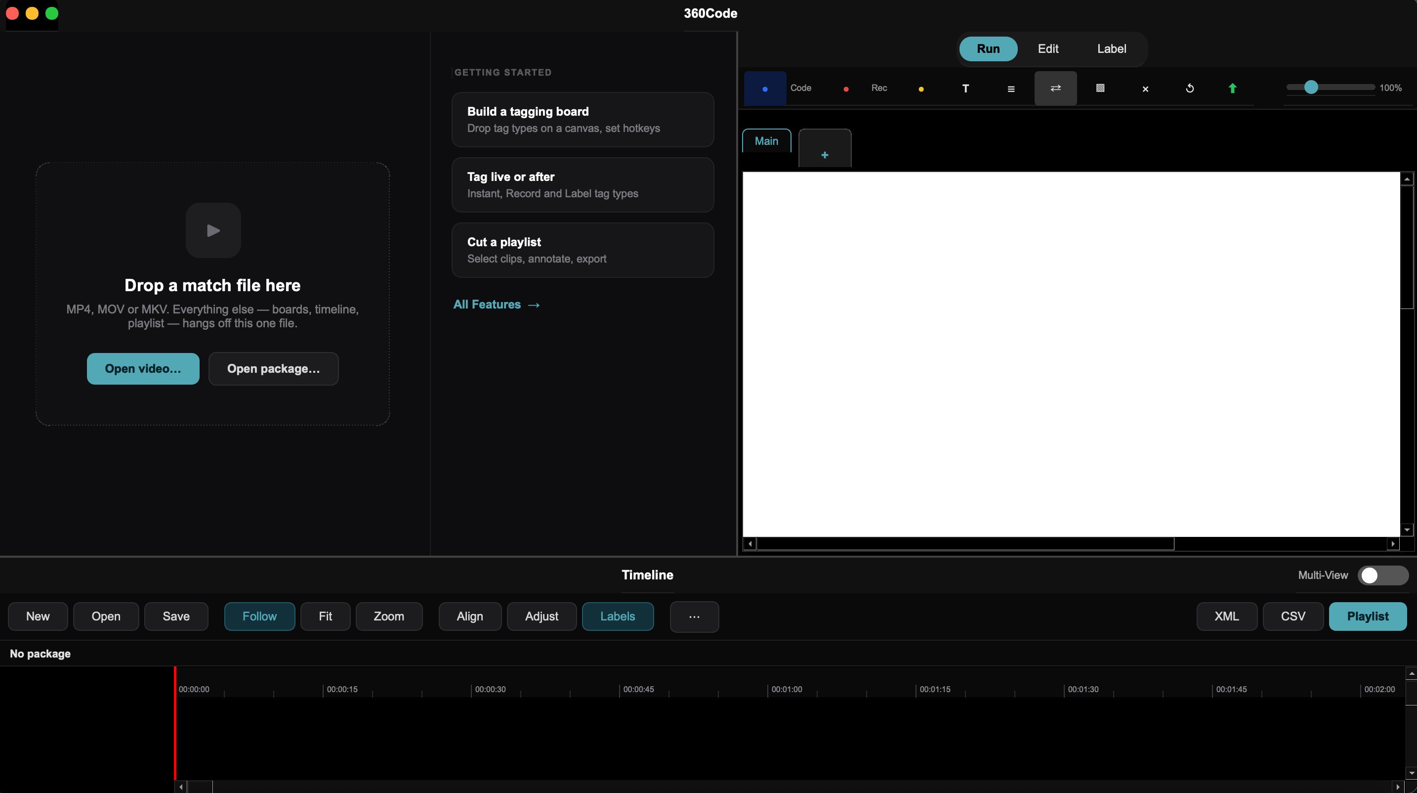 The 360Code window with tagging board, video pane and timeline
