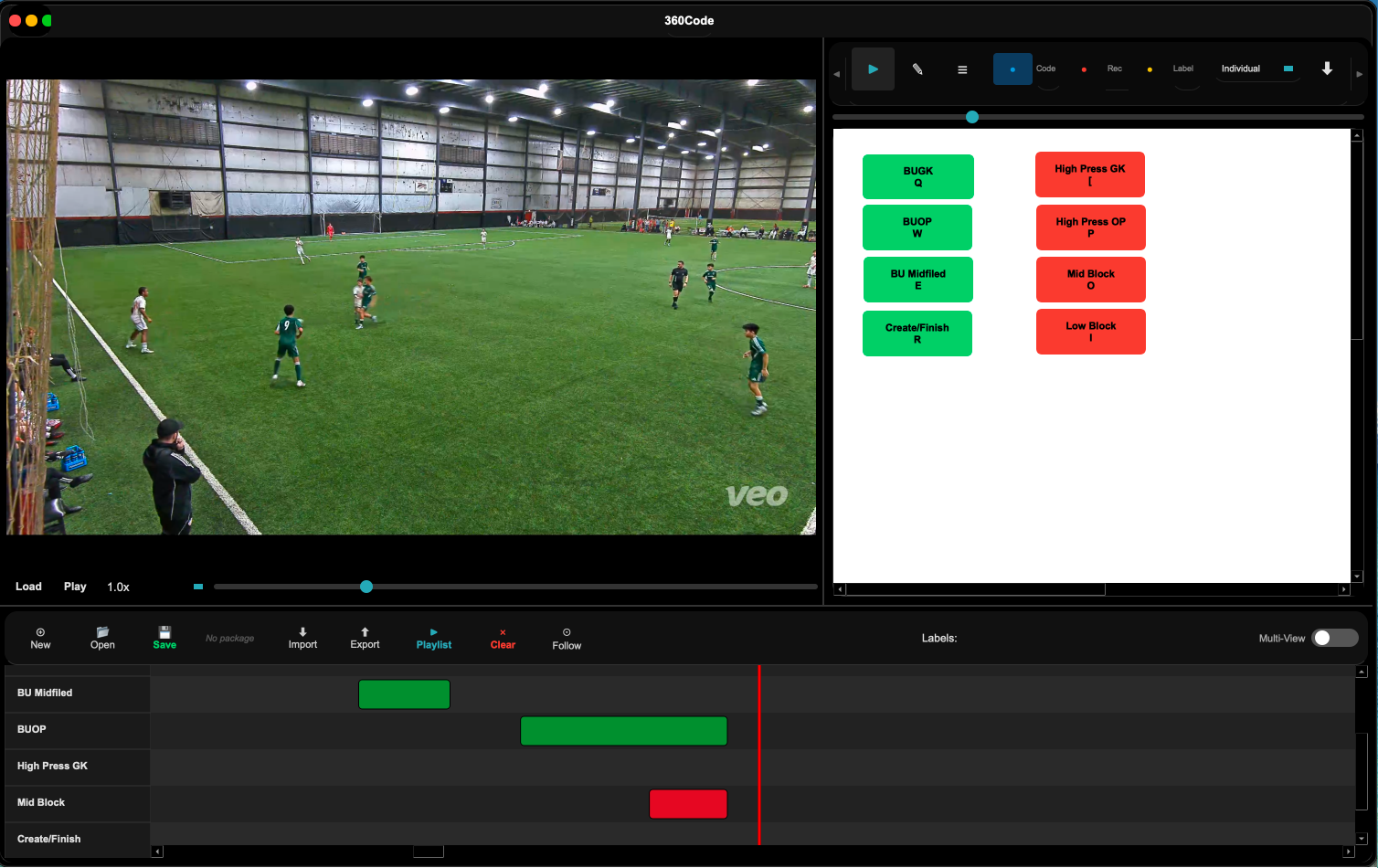 360Code — live game footage with tagging board and timeline