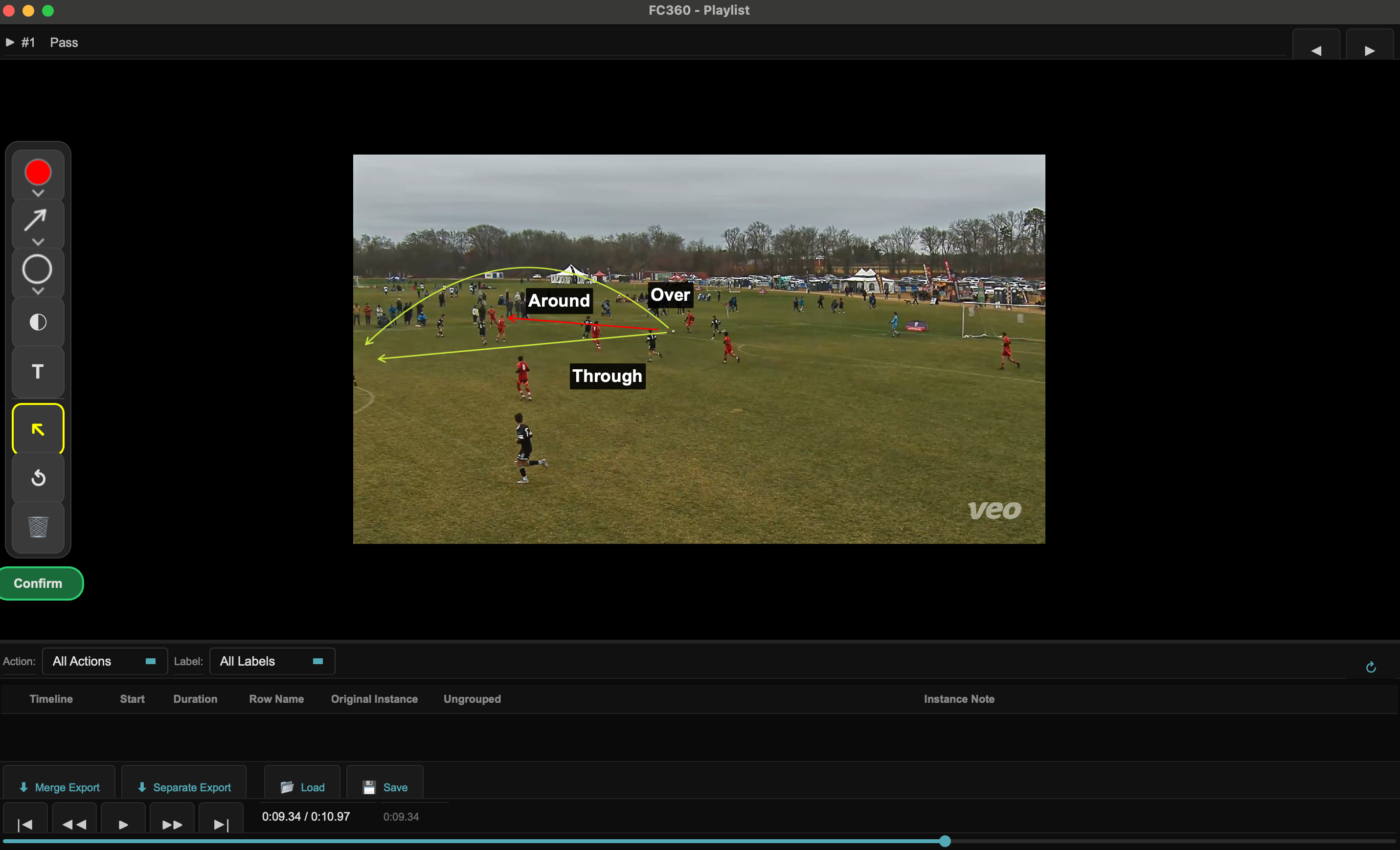 360Code frame annotations — arrows and labels drawn on match footage